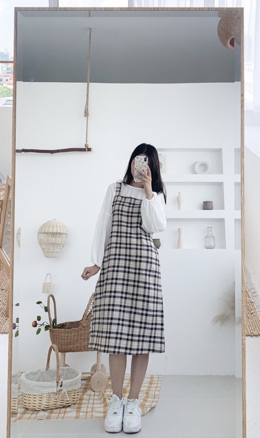 [Mã 151FASHIONSALE1 giảm 10K đơn 50K] Set váy yếm kẻ caro 2 màu 2 chi tiết ( hình thật tự chụp, sẵn)