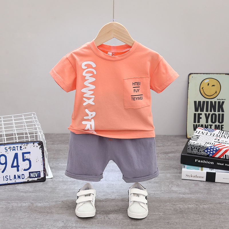 hồng nhạt phù hợp với trẻ em Áo thun nam 9% cotton sơ mi in bảng chữ cái Hàn Quốc nữ Baby quầnx1