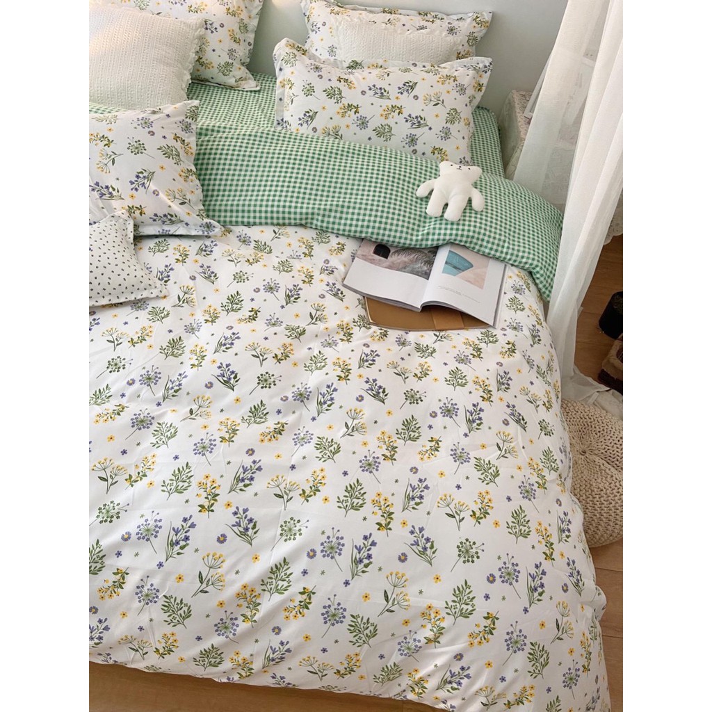 Bộ chăn ga gối Cotton poly M2T Bedding Hoa nhí phối xanh lá, vỏ chăn mền, drap nệm và 2 vỏ gối