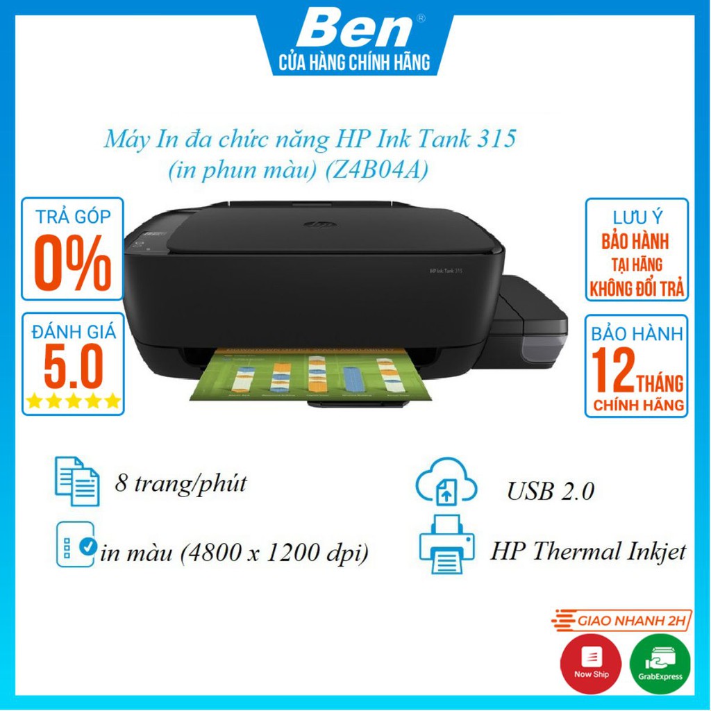 [Mã SKAMCLU9 giảm 10% đơn 100K] Máy In đa chức năng HP Ink Tank 315 (in phun màu) (Z4B04A)