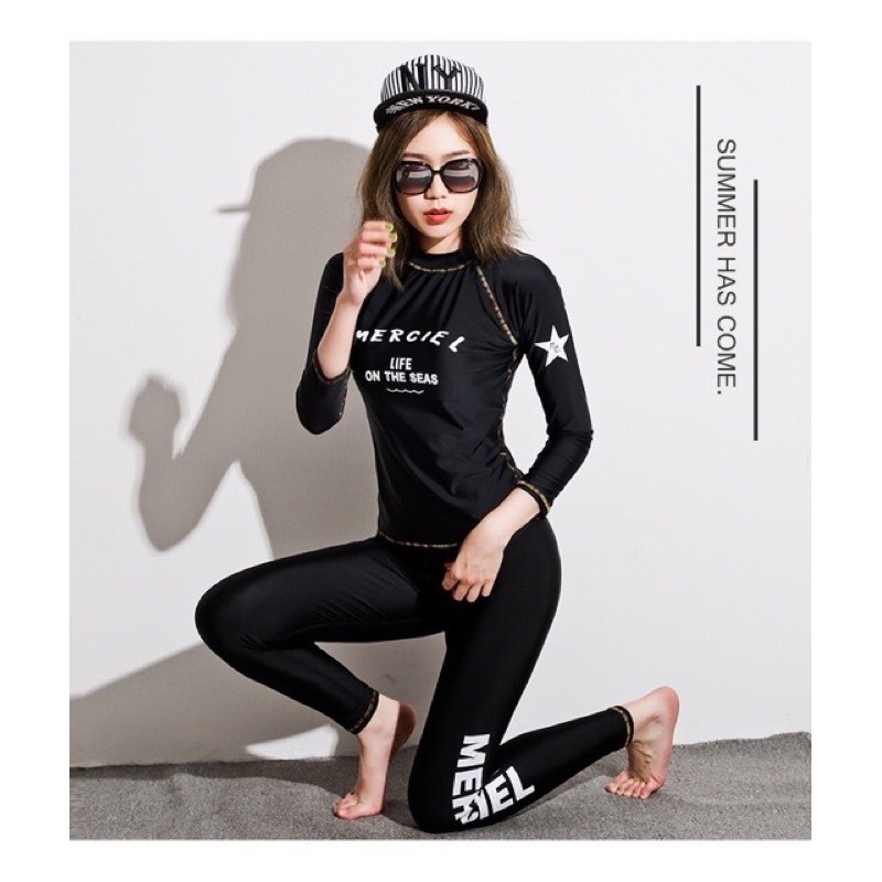 Đồ bơi dài tay quần dài Merciel đen chỉ sắc màu | BigBuy360 - bigbuy360.vn