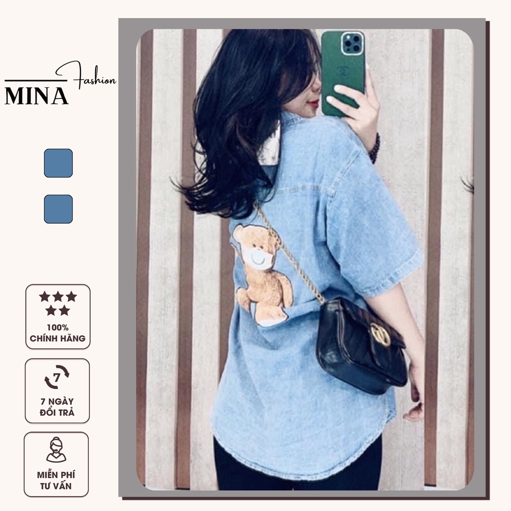 Áo sơ mi jean nữ khoác ngoài đẹp in gấu tay lỡ form rộng suông UNISEX STOREMINA AJ02