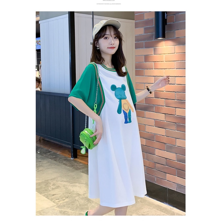 Set Áo Thun Ngắn Tay + Đầm Thun Dài In Hoạt Hình Dành Cho Mẹ Bầu