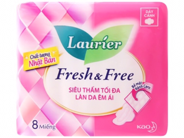 Băng vệ sinh dày cánh siêu thấm tối đa Laurier Fresh &amp; Free (8 miếng/gói)