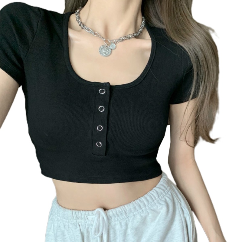 Brroa Áo Croptop Dệt Kim Ôm Dáng Tay Ngắn Cổ Xẻ Ngực Màu Trơn Phối Nút Gợi Cảm Cho Nữ