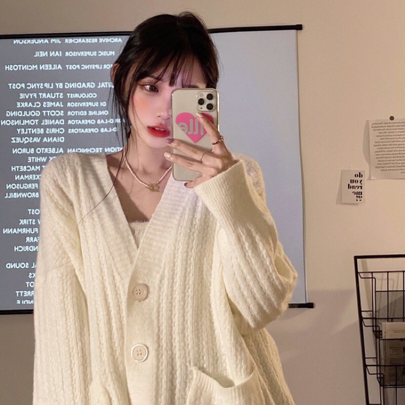 Áo khoác cardigan màu be form rộng ulzzang Hàn Quốc [Yannie] | BigBuy360 - bigbuy360.vn