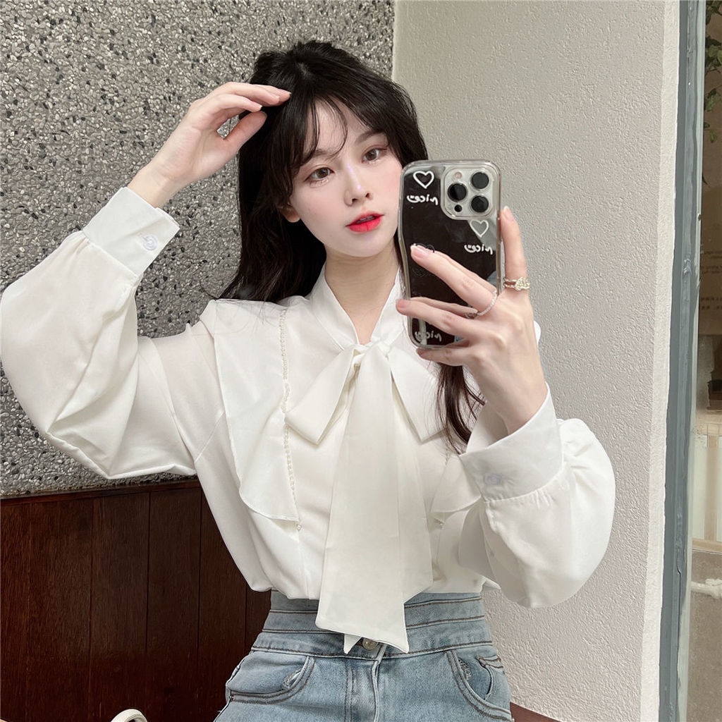 Áo Sơ Mi Trắng Đính Nơ Phong Cách Phương Tây Cho Nữ