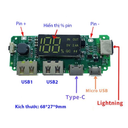 Box sạc dự phòng mica, loại mạch sạc 5 cổng như hình