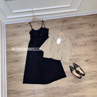Sét váy đầm 2 dây mix kèm áo khoác cổ vest croptop cá tính