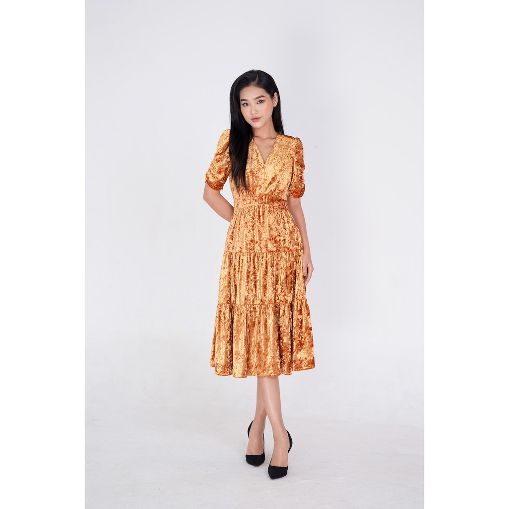 Đầm De Leah vải nhung xoè tay rút nhún co giãn nữ tính thời trang thiết kế