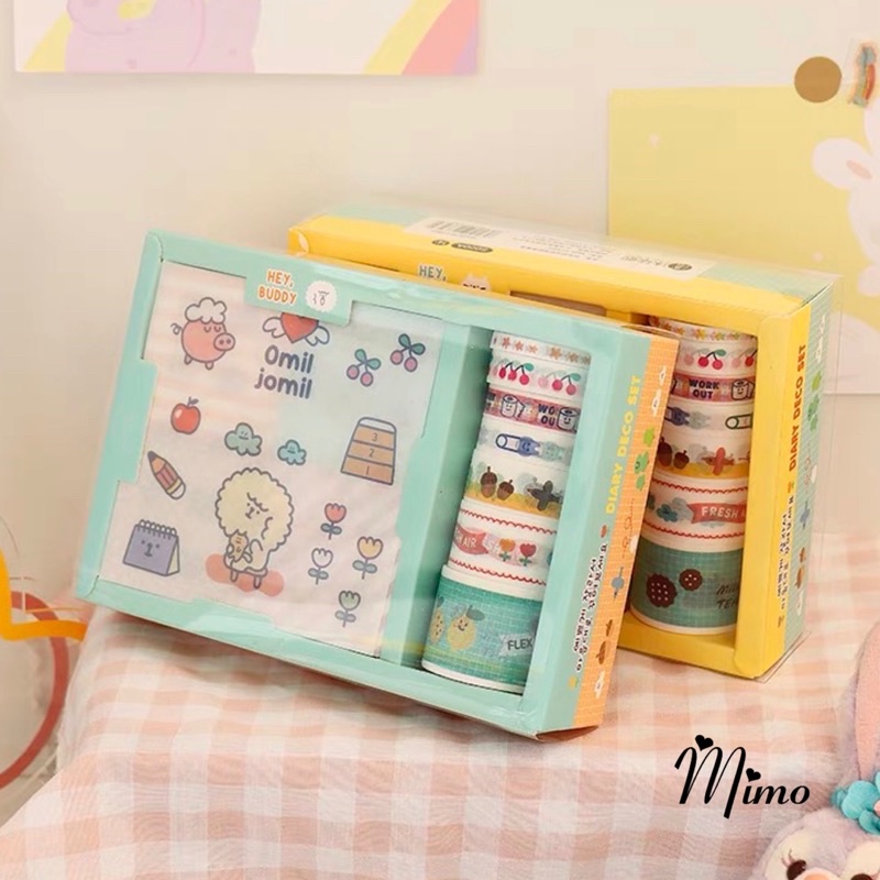 Băng dính washi tape set 7 cuộn họa tiết dễ thương trang trí sổ tay, dán kệ tủ decor bàn học cute