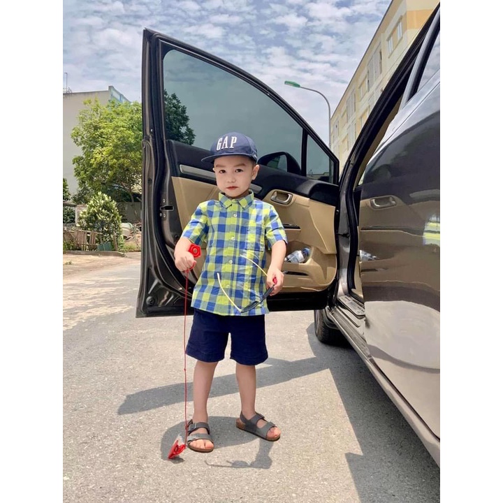 Set áo sơ mi kẻ xanh vàng bé gái