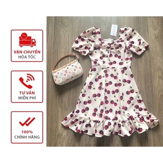 Váy xòe họa tiết quả cherry nhún ngực hàng thiết kế size s m