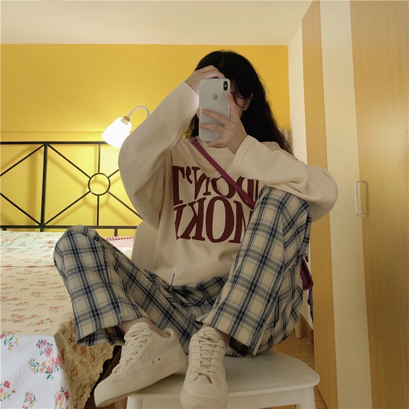 Set Áo Sweater Form Rộng Và Quần ống rộng Họa Tiết Sọc Caro Phong Cách Hàn Quốc