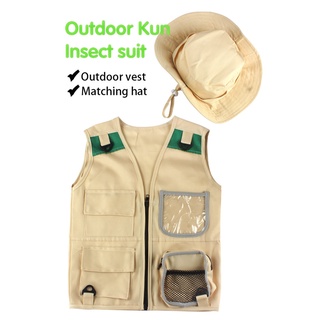 Bộ đồ phiêu lưu ngoài trời, áo vest và mũ kaki của trẻ em