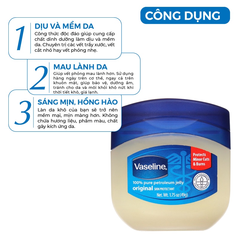 Sáp dưỡng ẩm Vaseline 100% Pure Petroleum Jelly Original Mỹ 49g