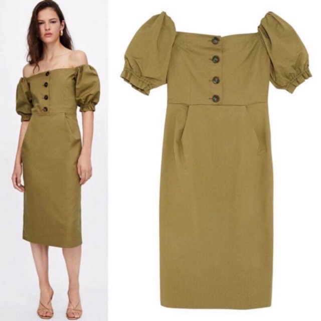 Váy zara tqxk bẹt vai xanh lính sz S,M