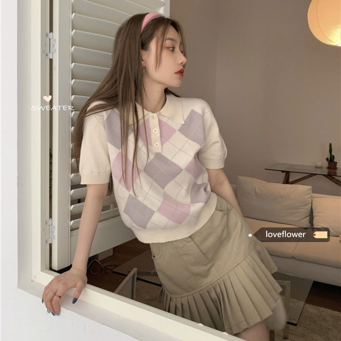 Áo kiểu dệt kim tay ngắn cổ polo họa tiết sọc ca rô phong cách Hàn Quốc thời trang dành cho nữ