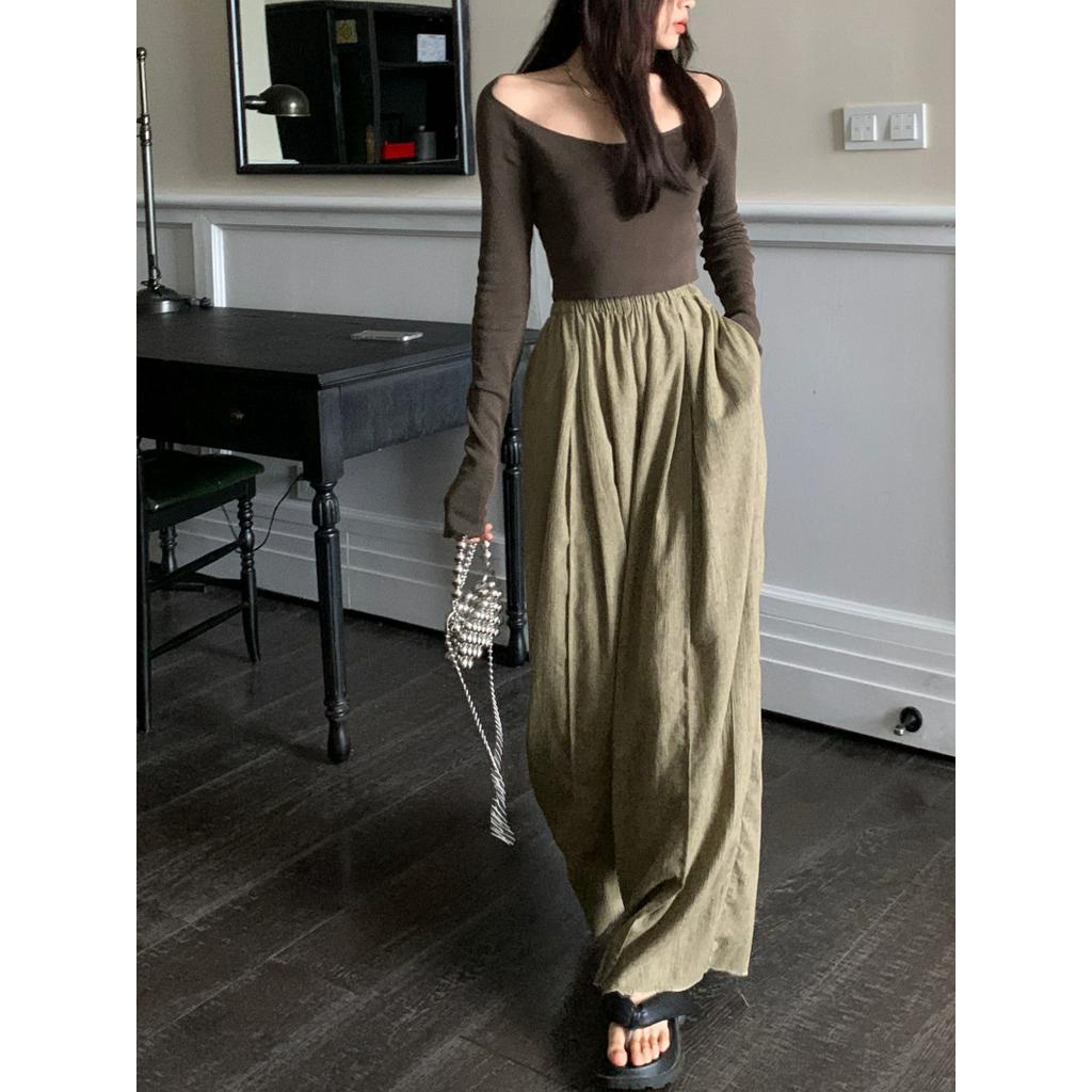 Áo Thun Tay Dài Lệch Vai Dáng Ôm / Eo Thun Vải Lanh Ống Rộng Thời Trang 54065