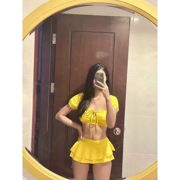 Bikini bộ bơi đồ bơi nữ 2 mảnh tay lửng bèo nhún phối váy 2 tầng kín đáo EVA TLBNV