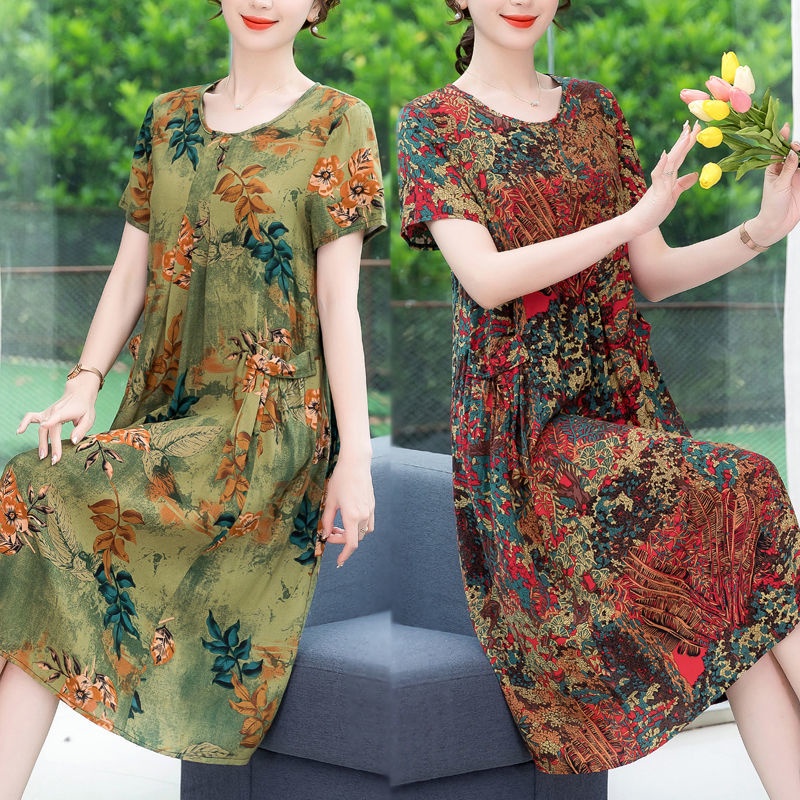 Váy mẹ mùa hè cho phụ nữ trung niên và cao tuổi cỡ lớn cotton lụa cho người trung niên 40-50 tuổi váy hoa mùa hè ngắn ta