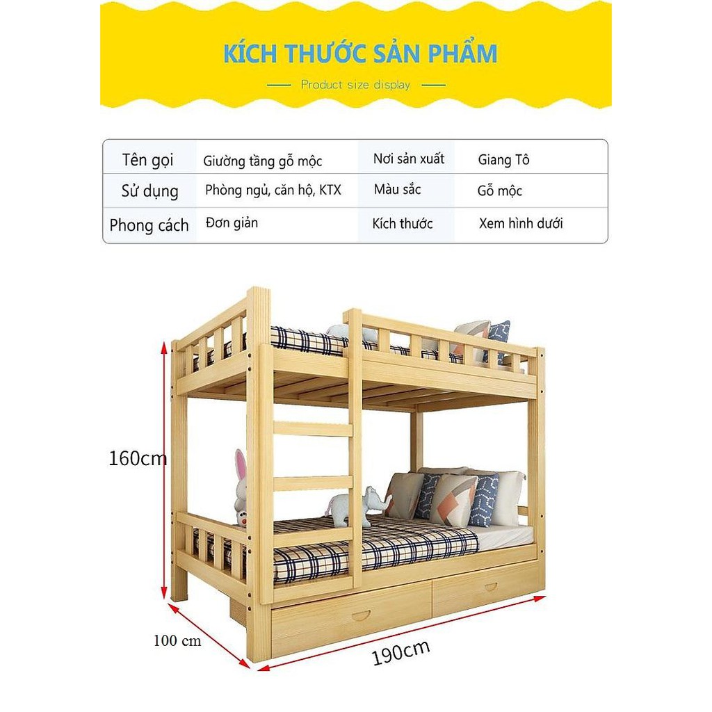 Giường ngủ - giường ngủ tầng gỗ thông mộc, 80x160x190cm - Bảo hành 24 tháng( sẩn phẩm không kèm đệm)