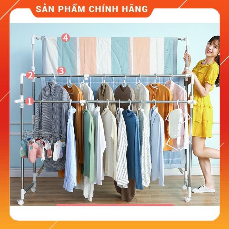 Giàn phơi quần áo inox gấp gọn có bánh xe 360 độ, khung treo quần áo không gỉ 2 và 3 tầng cao cấp