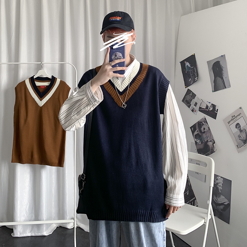 Áo len nam gile fom rộng màu xanh và nâu phong cách retro - SIÊU HOT