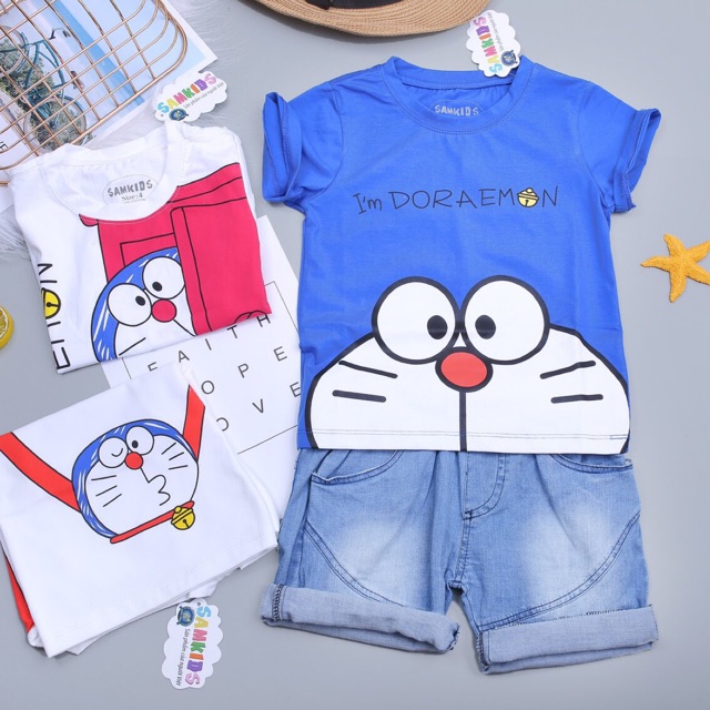 BỘ QUẦN ÁO BÉ TRAI BÉ GÁI DOREMON DORAEMON QUẦN JEAN ÁO THUN CAO CẤP SIZE 3-10 SALE