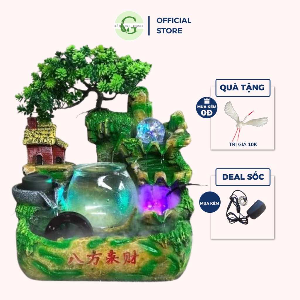 Thác Phong Thủy Tài Lộc Gốm Xinh Decor Hòn Non Bộ để bàn mini chất liệu Nhựa composit cao cấp mẫu 1932