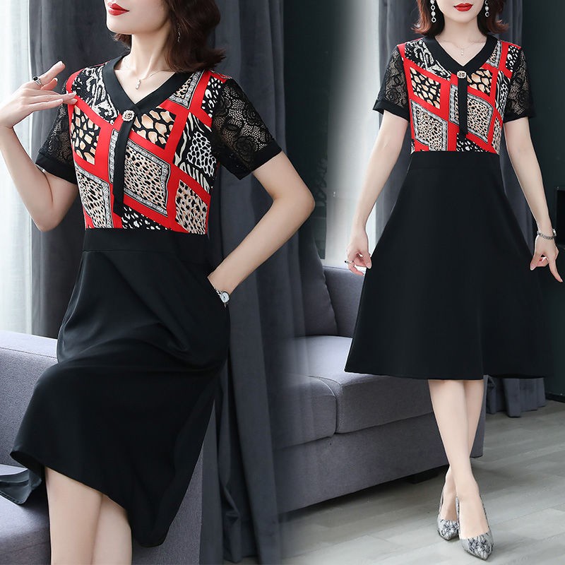 váy ngắn tay mới cho mùa hè của mẹ 40 tuổi 50 quý phái và mỏng trung niên người lớn in thời trang