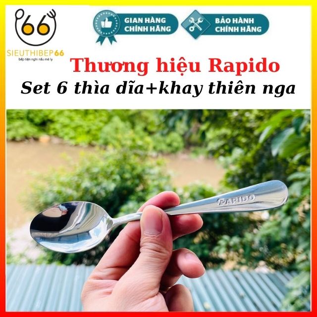 [Kèm khay đựng] Set 6 dĩa thìa inox  thiên nga Rapido - Hàng Đức,Dĩa hoa quả trái cây, inox 304 sáng bóng, chắc bền