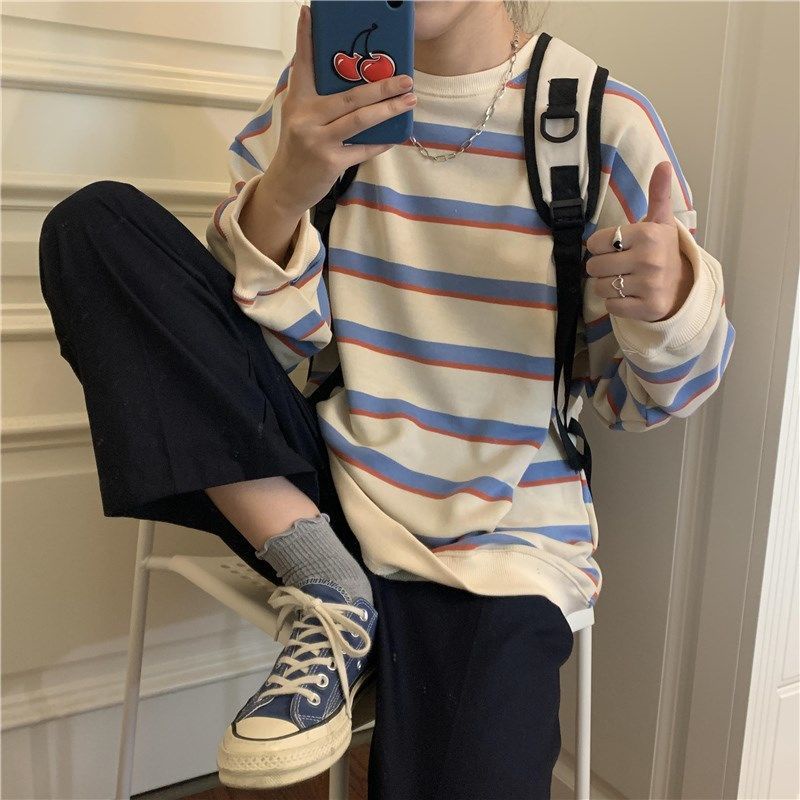 Áo Sweater Cổ Tròn Dáng Rộng Họa Tiết Kẻ Sọc Thời Trang Mùa Đông 2022 Mới Phong Cách Hàn Quốc Cho Nữ