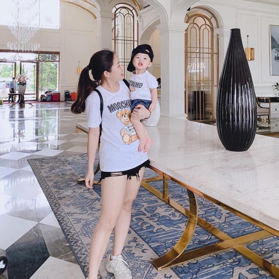 Áo thun bé trai bé gái nam nữ unisex, áo phông gia đình tay lỡ hình gấu 100% cotton trắng - Samyy_vn