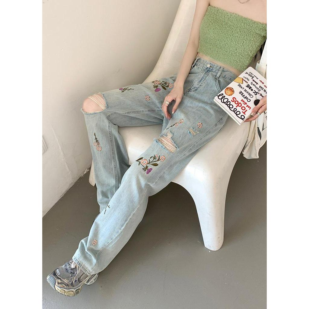 Quần Jean Ống Rộng Rách Gối Thêu Hoa Phong Cách Mới Mùa Hè 64011