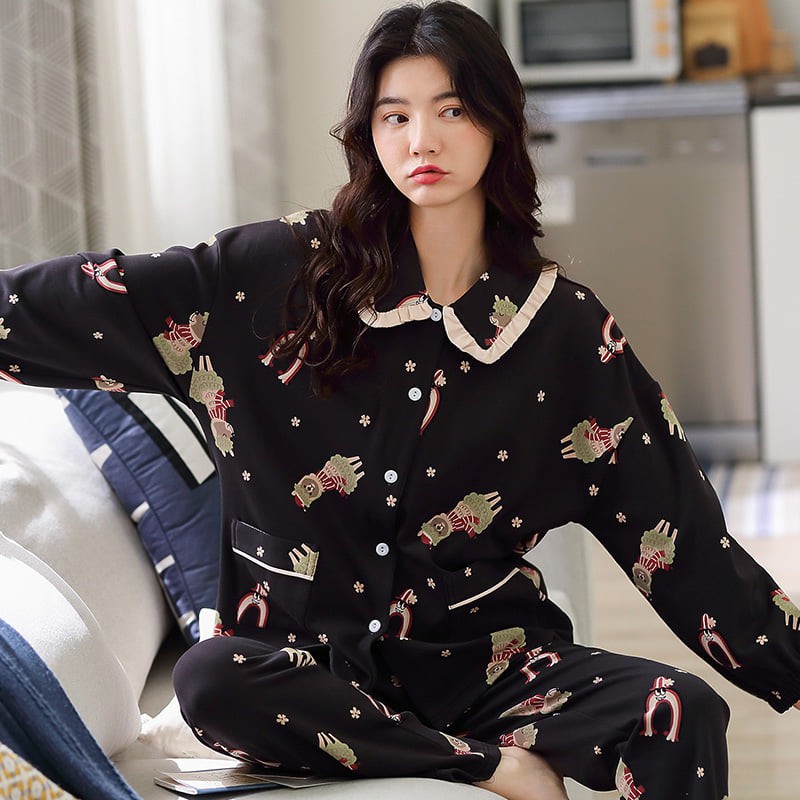 Đồ bộ pijama nữ mặc ở nhà mùa thu đông, chất liệu 100% thoáng khí