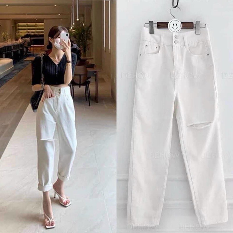 Quần baggy jean màu trắng rách gối Lê Huy fashion Ms 64