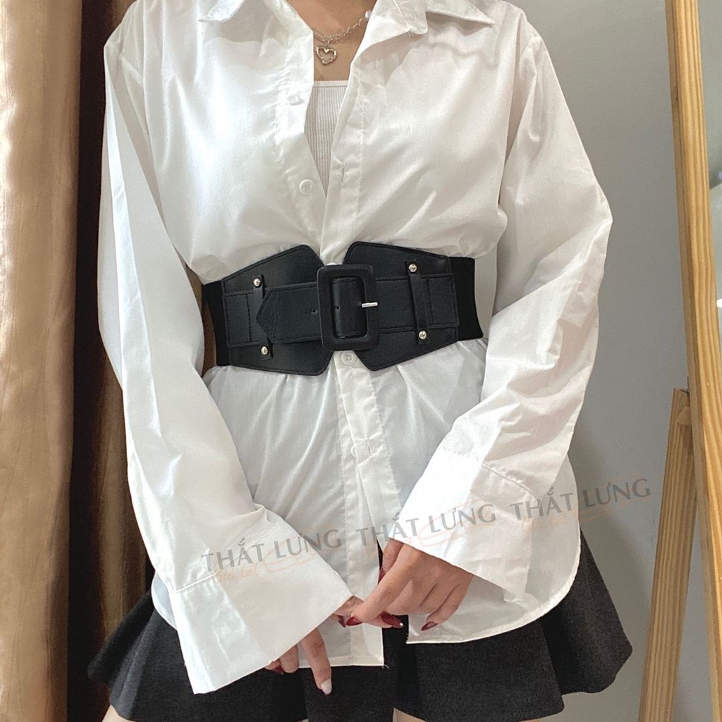 Đai váy bản to thun mặt vuông đen dạng gài lỗ phối đầm, vest cá tính bản to 7.5cm DV074 - Thắt Lưng Giá Tốt