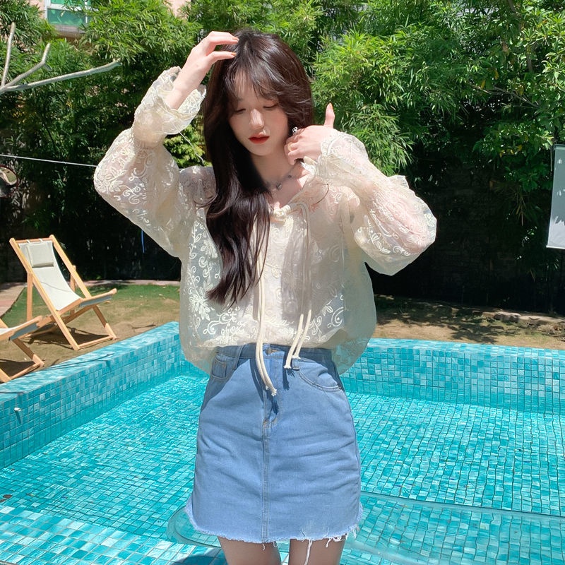 Áo Khoác Ren Lưới Trong Suốt Có Nón Trùm Đầu Chống Nắng Thời Trang Cho Nữ