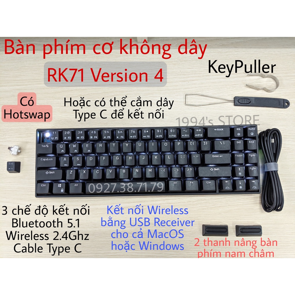 Bàn phím cơ không dây RK71 Version 4 HOTSWAP - Bluetooth 5.1 - Wireless 2.4Ghz - Phần mềm Custom bàn phím và Led RGB