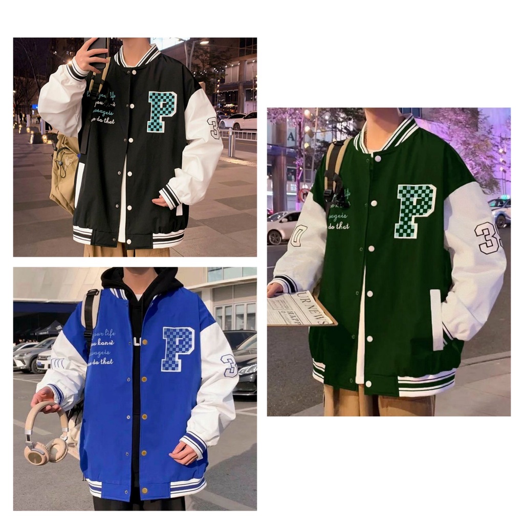 Aó Khoác Bomber Nam Nữ Họa Tiết Chữ P Tay Phối Số 39 Có Cúc Bấm Tiện Lợi Phong Cách Thời Trang Sành Điệu Hàn BLbomber