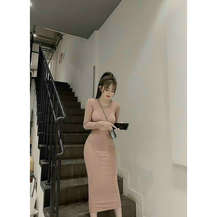 Set áo croptop dài tay + chân váy ôm body dáng dài siêu gợi cảm