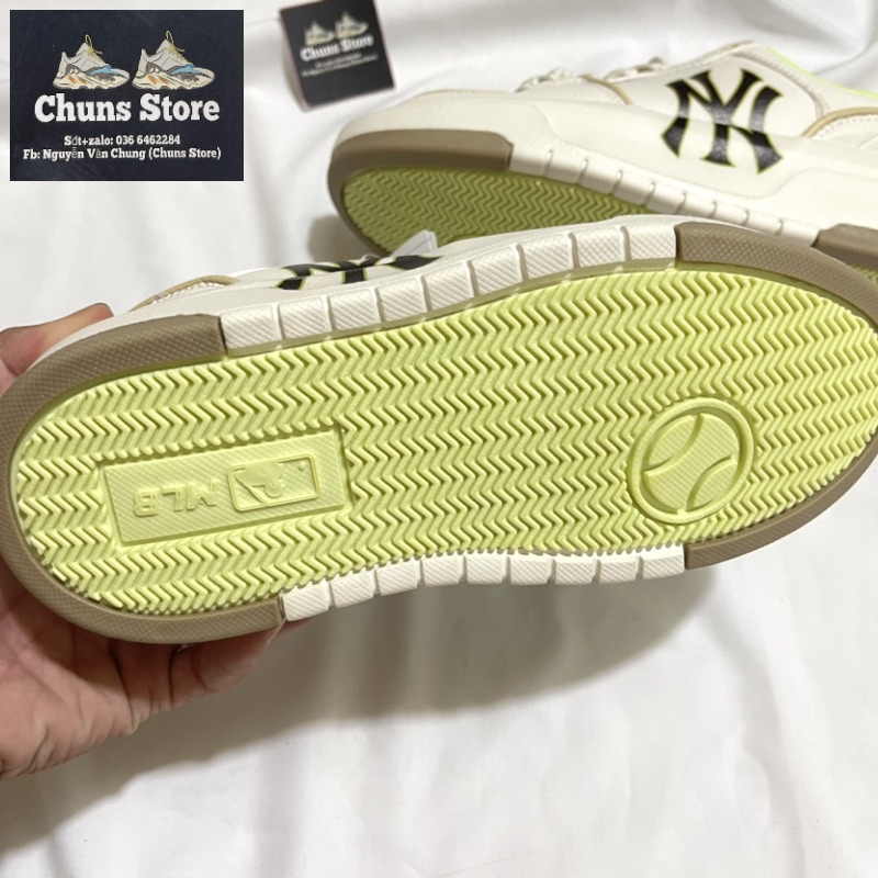 Giày MLB chunky Ofwhite x Mcqueen NY trắng kem vàng da nhăn cao cấp