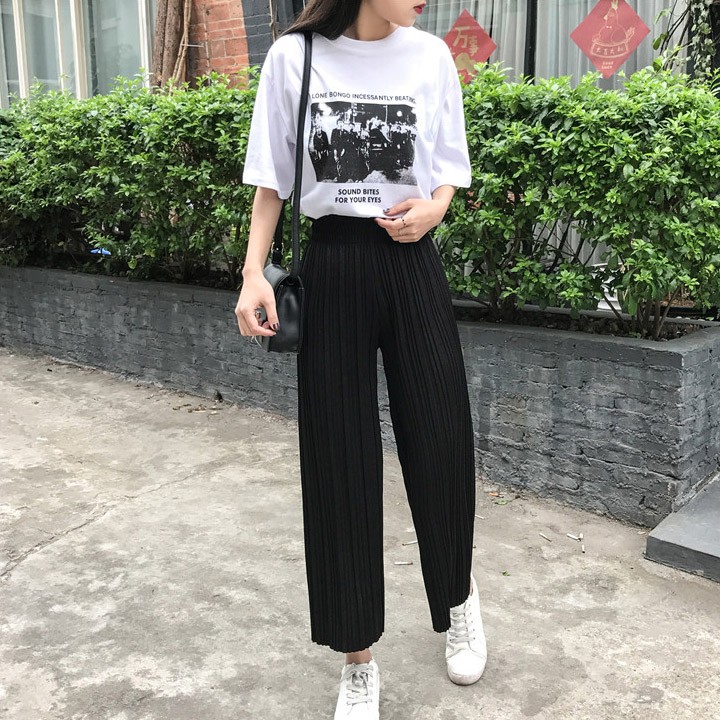 Quần ống lửng xếp ly, cạp chun thời trang