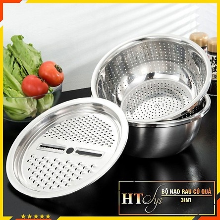Bộ Rổ Nạo INOX Kèm Chậu Đa Năng 3 Trong 1 🍀 Bát Inox Trộn Rau Củ Kèm Bộ Nạo Đa Năng