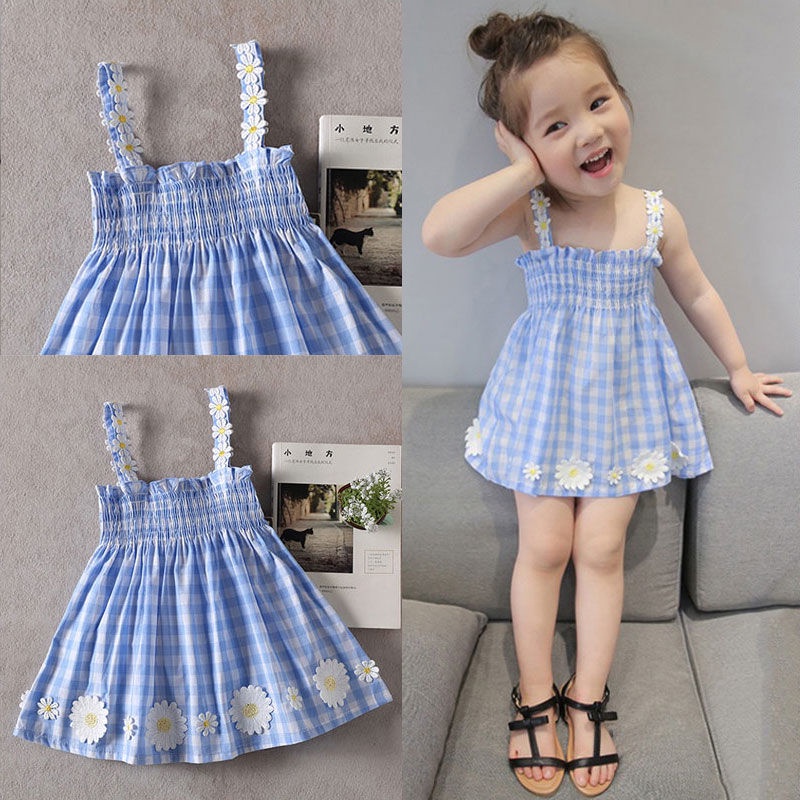 Đầm công chúa 2 dây họa tiết caro phối hoa thời trang cho bé gái