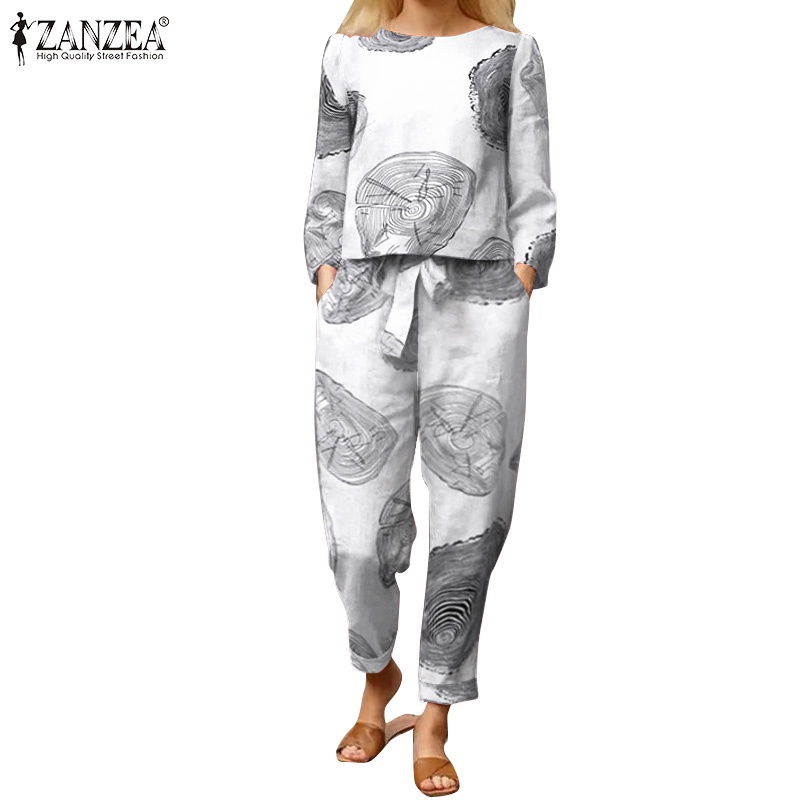 Bộ trang phục gồm áo cổ thuyền tay dài và quần dài lưng thun  ZANZEA bằng cotton họa tiết in ấn cho nữ