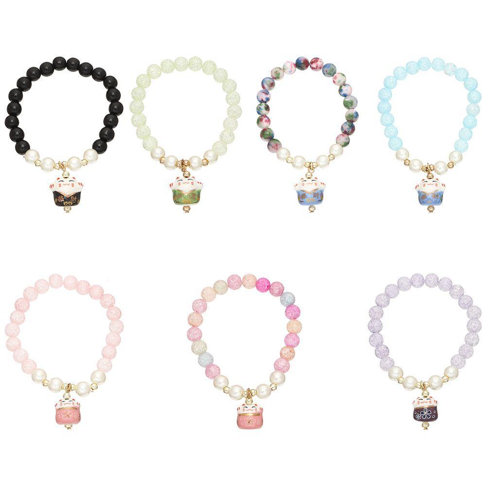 Vòng Tay Chuỗi Hạt Gốm Mặt Hình Mèo May Mắn Phong Cách Nhật Bản Kính