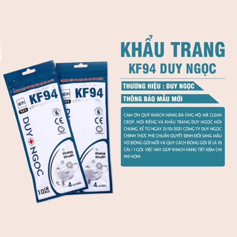 Túi 10 chiếc khẩu trang KF94 Duy Ngọc kháng khuẩn, chống bụi mịn