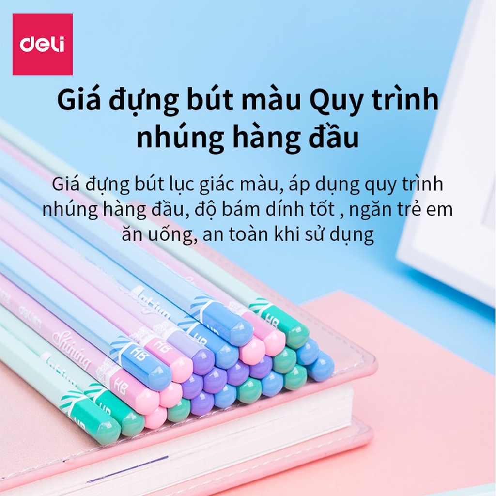 Bút chì lục giác Deli - 30 chiếc/hộp loại 2B/HB tặng kèm gọt và tẩy màu sắc dễ thương, thân gỗ tự nhiên dễ gọt khi dùng